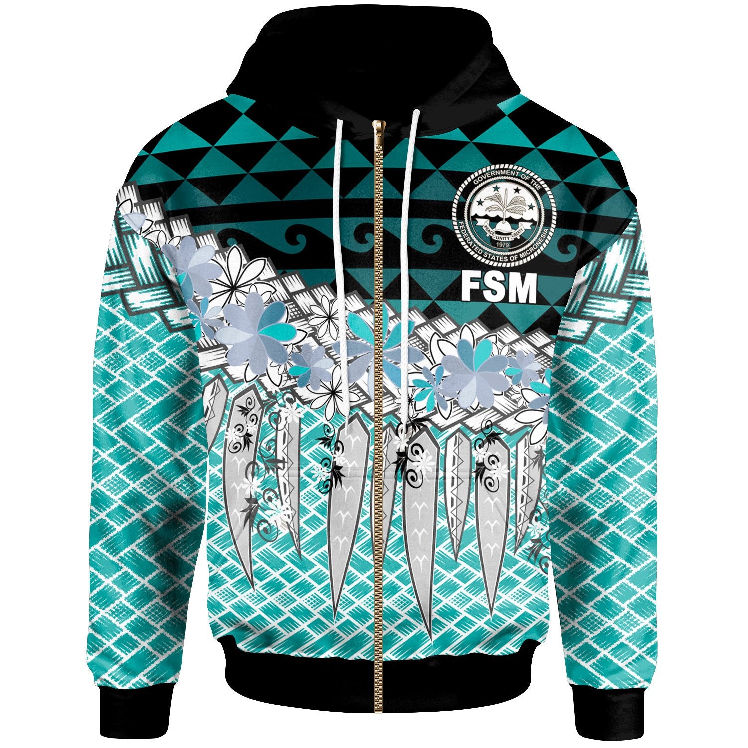 Federated of States Micronesia Zip Hoodie Coconut Leaves Weave Pattern Blue Unisex Blue - Polynesian Pride