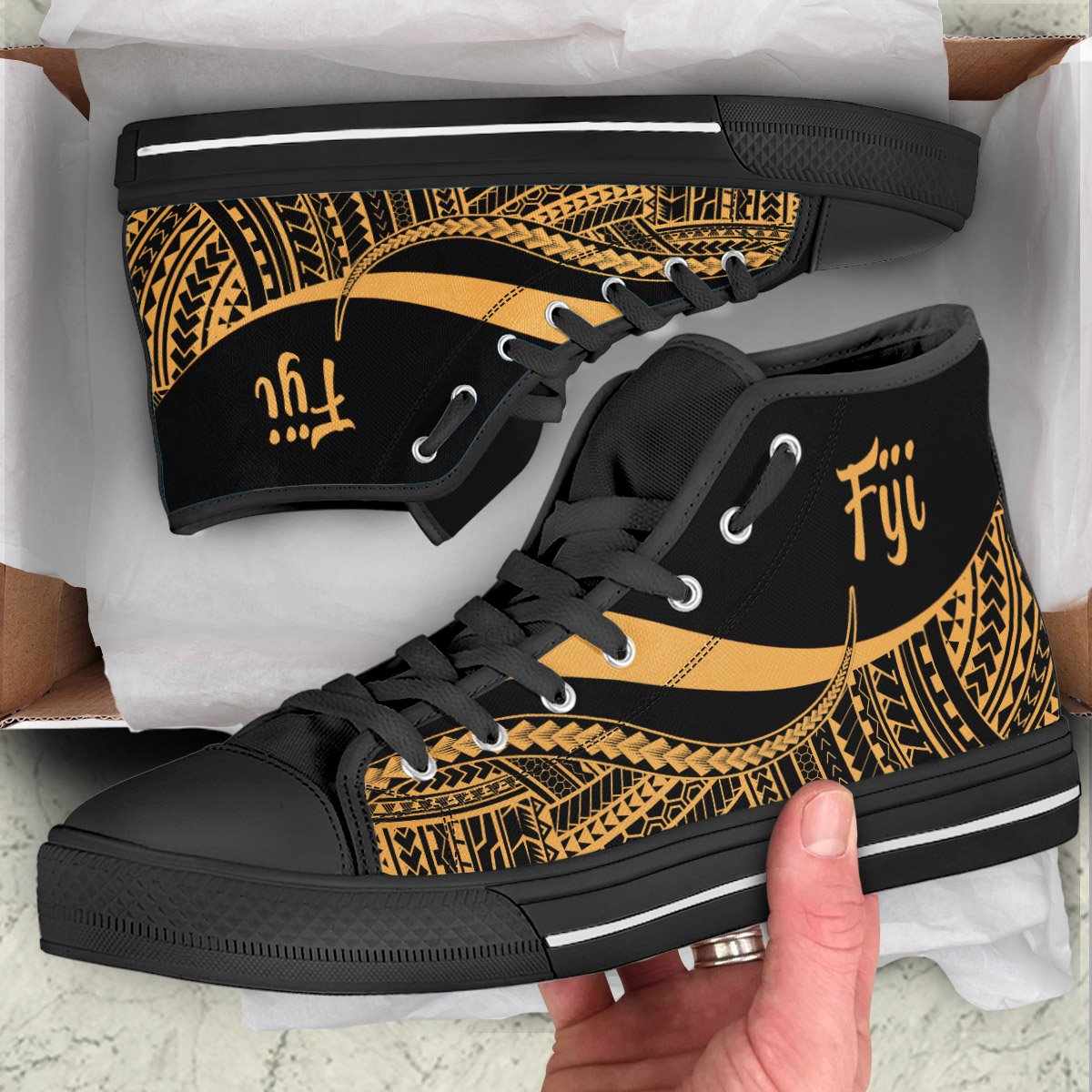 Fiji High Top Shoes Gold - Polynesian Tentacle Tribal Pattern Unisex Black - Polynesian Pride