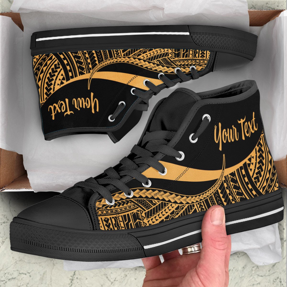 Cook Islands Custom Personalised High Top Shoes Gold - Polynesian Tentacle Tribal Pattern Unisex Black - Polynesian Pride