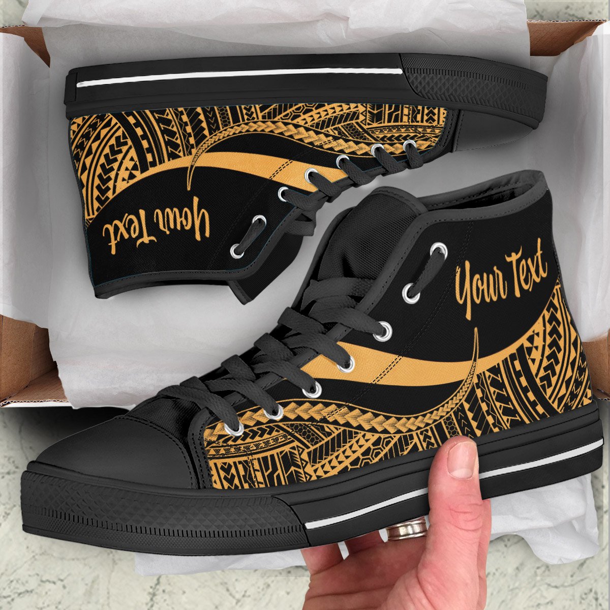 Fiji Custom Personalised High Top Shoes Gold - Polynesian Tentacle Tribal Pattern Unisex Black - Polynesian Pride