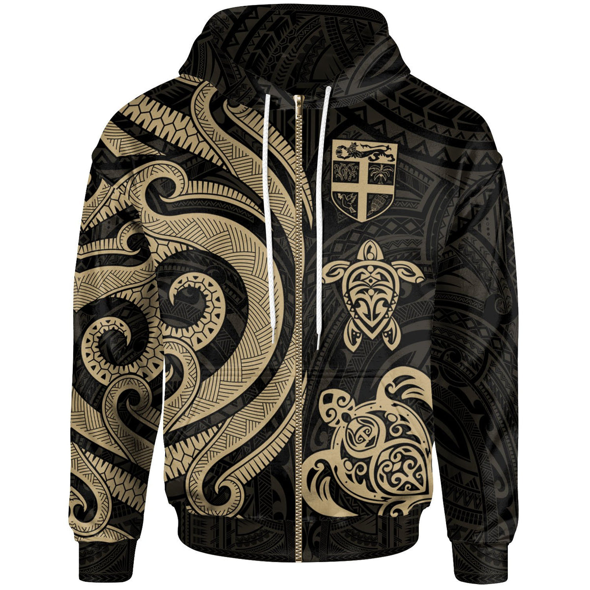 Fiji Polynesian Zip up Hoodie White Tentacle Turtle Unisex Gold - Polynesian Pride