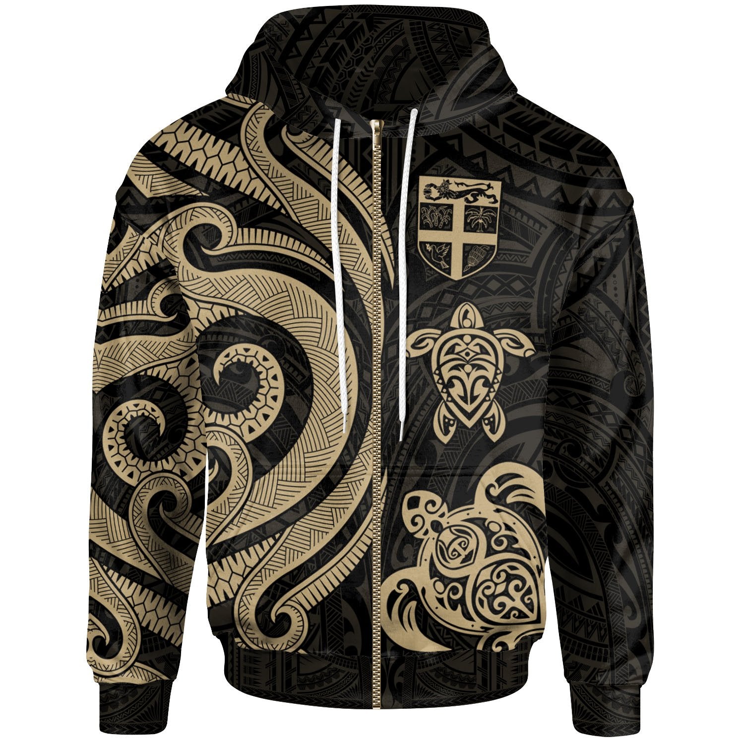 Fiji Polynesian Zip up Hoodie White Tentacle Turtle Unisex Gold - Polynesian Pride