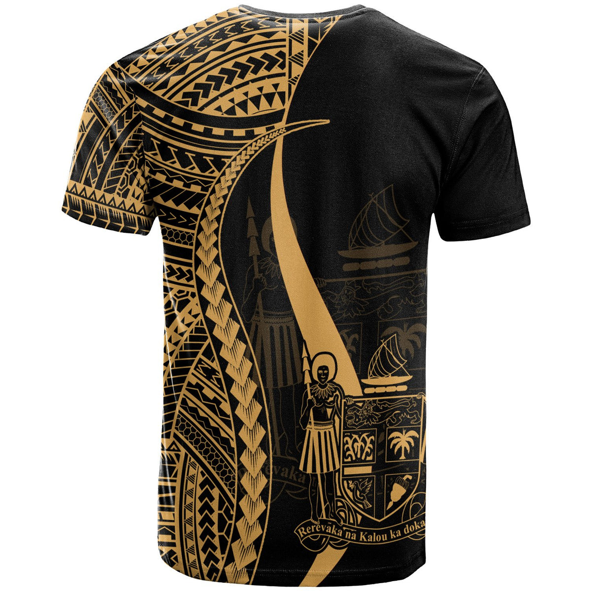 Fiji T Shirt Gold Polynesian Tentacle Tribal Pattern Crest - Polynesian Pride