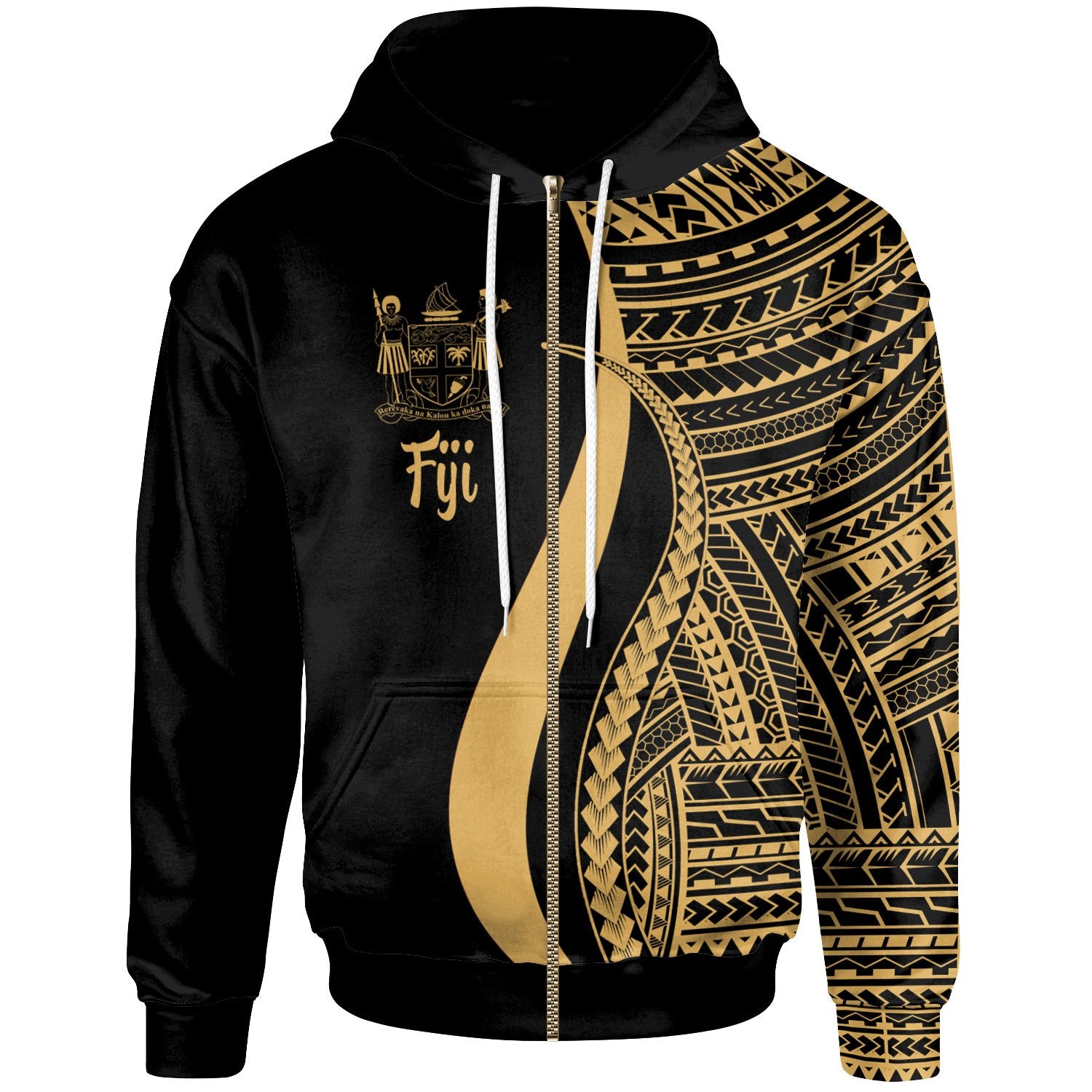 Fiji Zip up Hoodie Gold Tentacle Tribal Pattern Crest Unisex Gold - Polynesian Pride