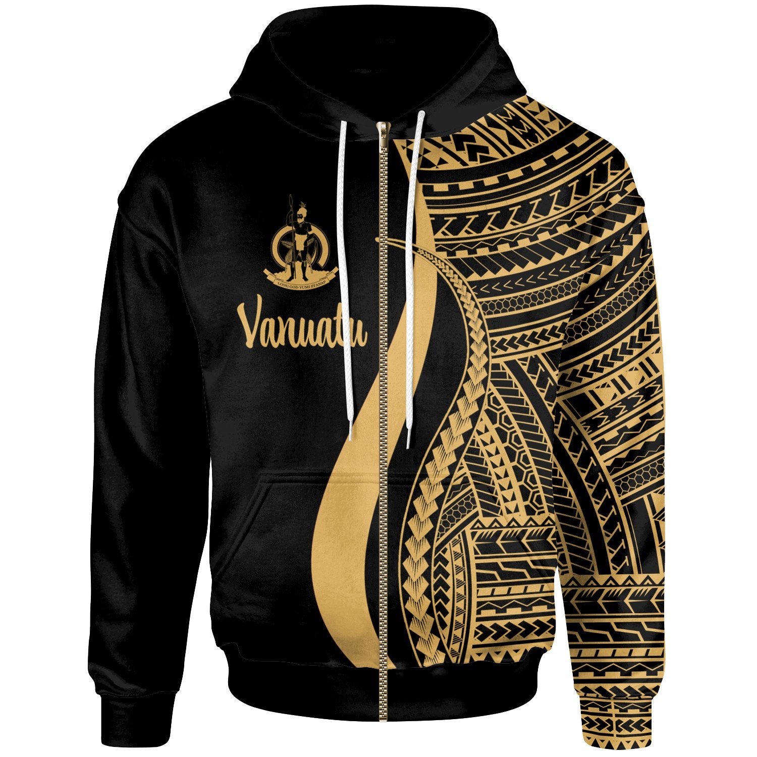 Vanuatu Zip up Hoodie Gold Tentacle Tribal Pattern Unisex Gold - Polynesian Pride