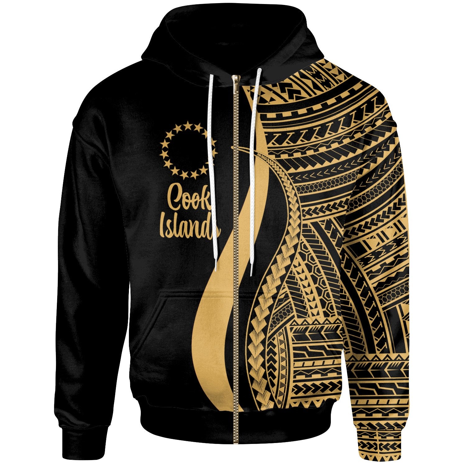 Cook Islands Zip up Hoodie Gold Tentacle Tribal Pattern Unisex Blue - Polynesian Pride