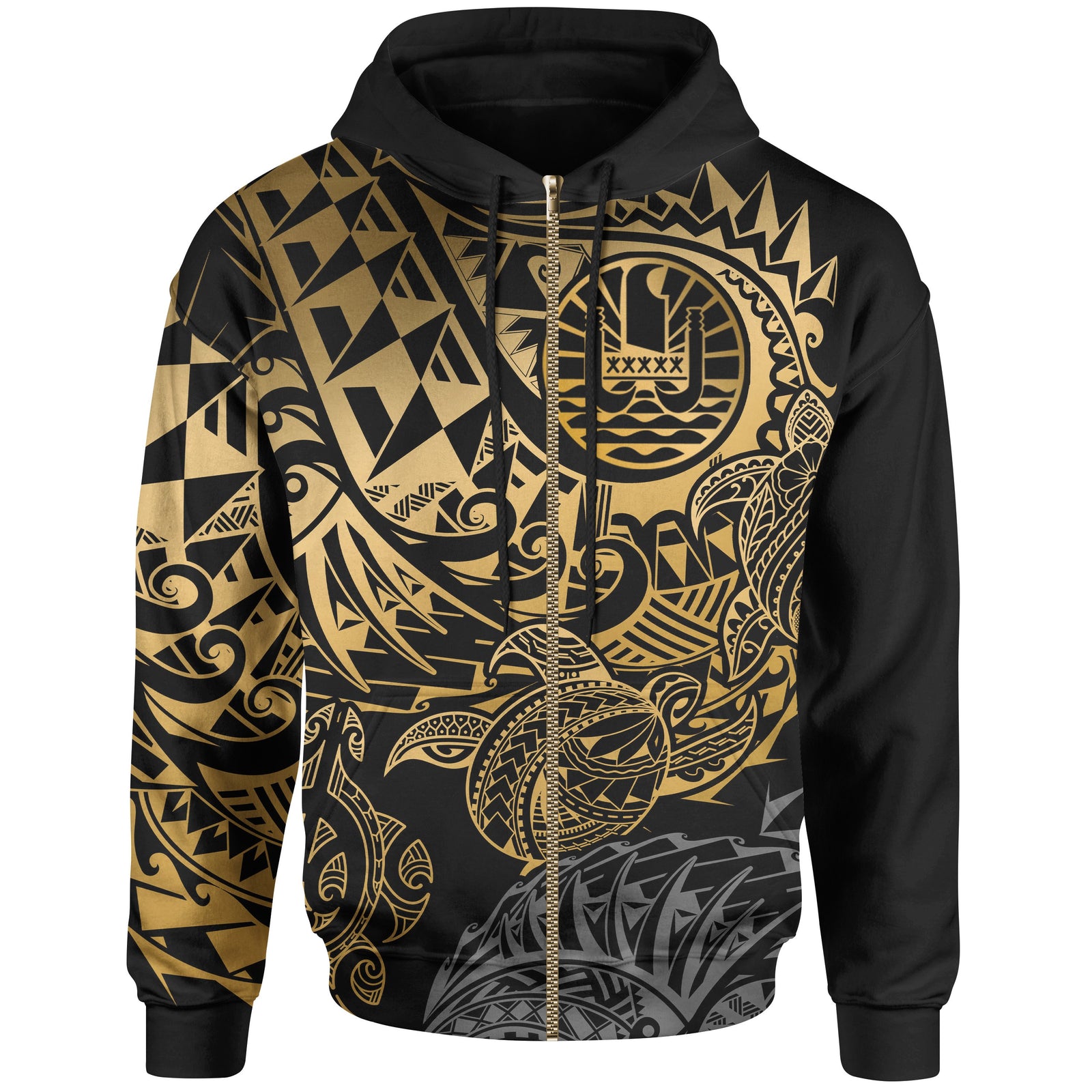 Tahiti Polynesian Zip up Hoodie Gold Turtle Hibiscus Flowing Unisex GOLD - Polynesian Pride
