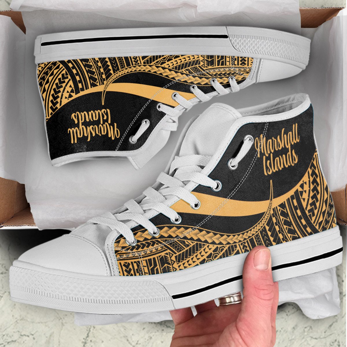 Marshall Islands High Top Shoes Gold - Polynesian Tentacle Tribal Pattern Crest - Polynesian Pride