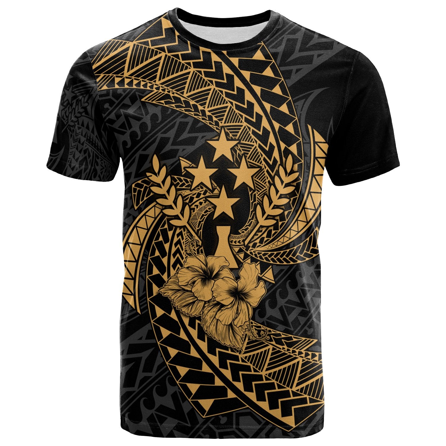 Chuuk Micronesian T Shirt Gold Spiral Pattern Hibiscus Unisex GOLD - Polynesian Pride