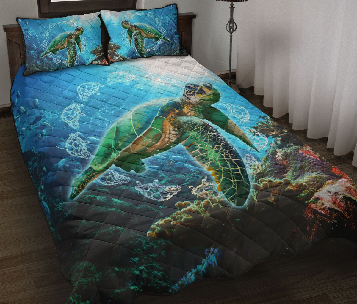 Hawaii Turtle Coral Quilt Bed Set - Green Sea - AH Blue - Polynesian Pride