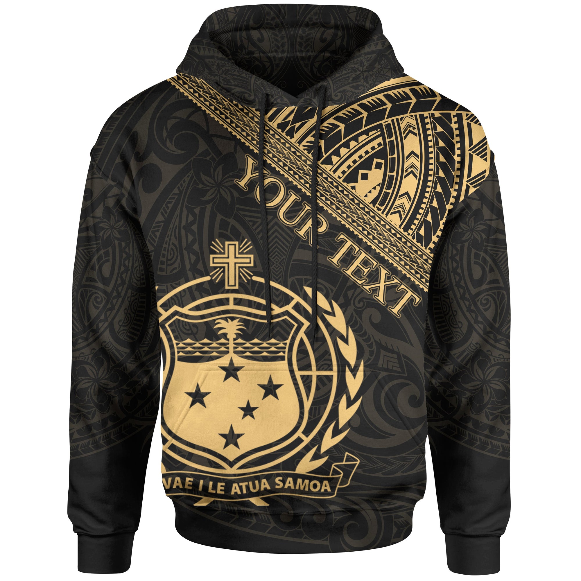 Samoa Custom Hoodie Polynesian Patterns With Coat of rms Gold Color Unisex Black - Polynesian Pride