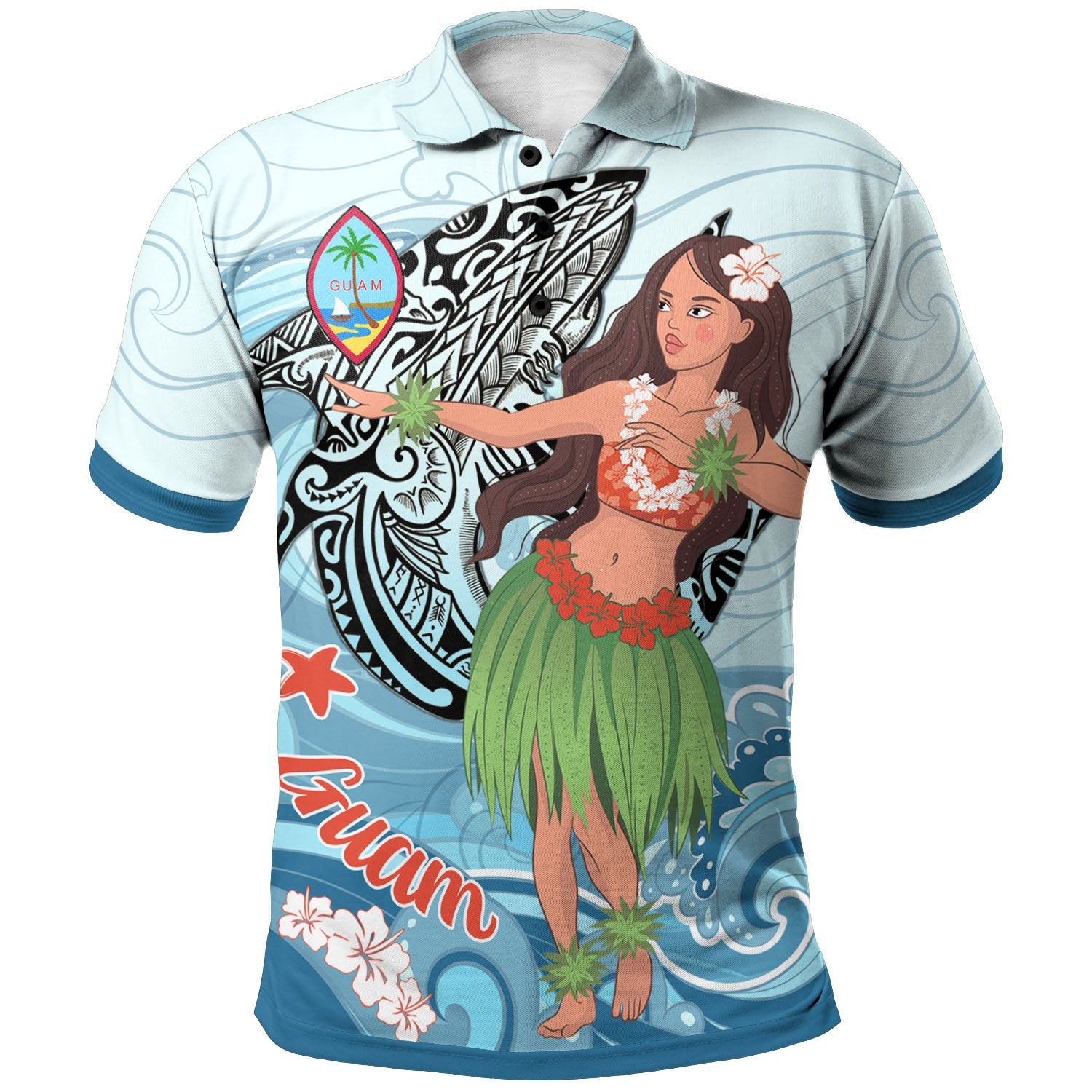 Guam Polo Shirt Polynesian Girls With Shark Unisex Blue - Polynesian Pride