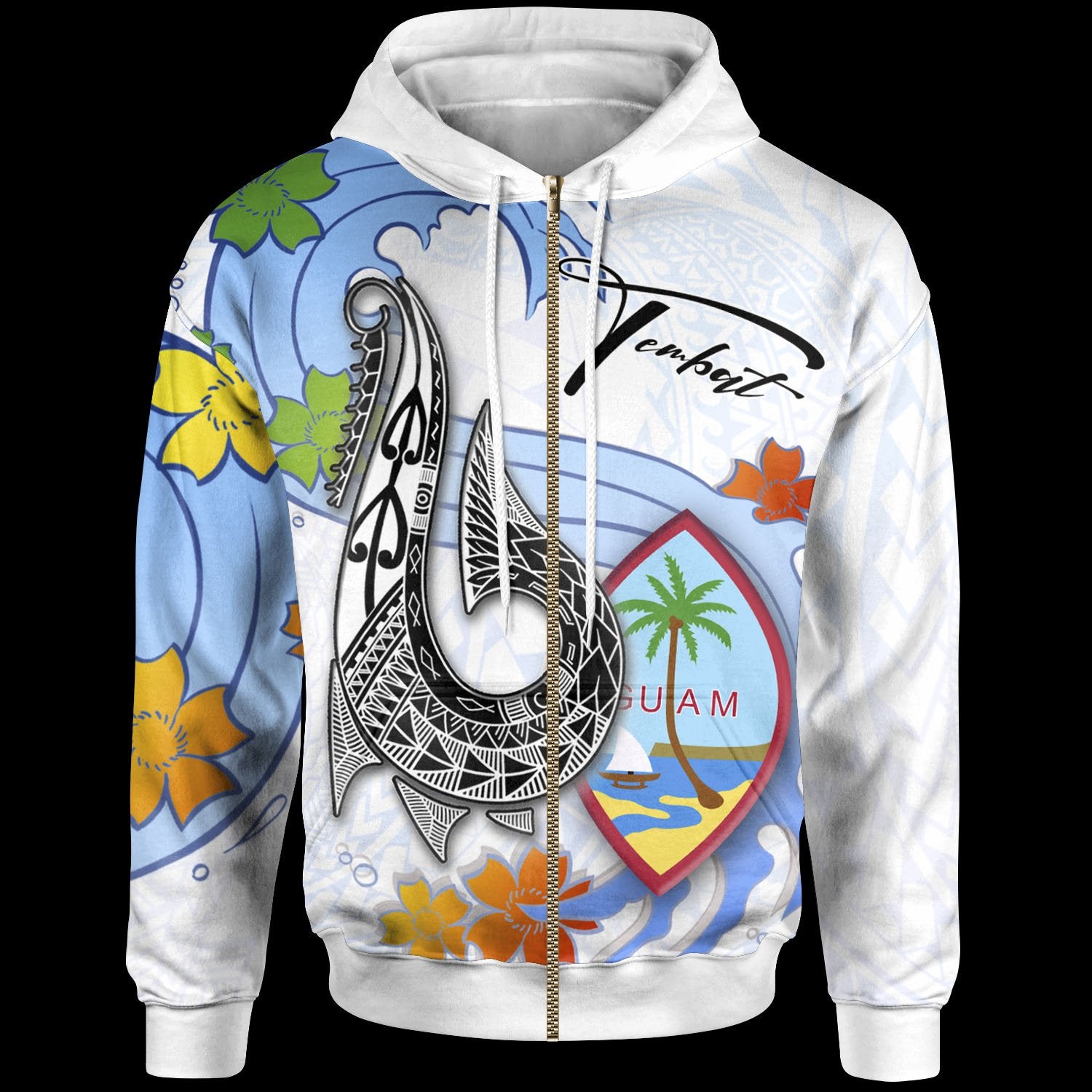 Guam Zip Hoodie Tembat Fish Hooks and Wave Unisex Black - Polynesian Pride