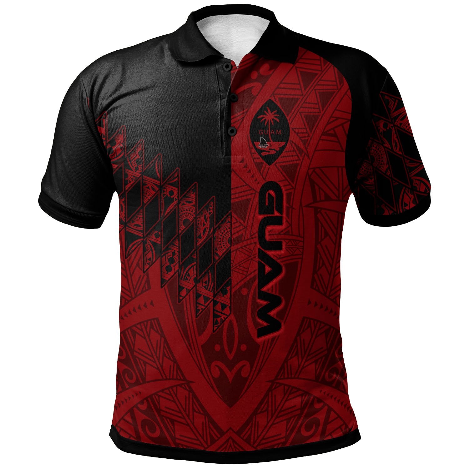 Guam Polo Shirt Red Color Symmetry Style Unisex Black - Polynesian Pride