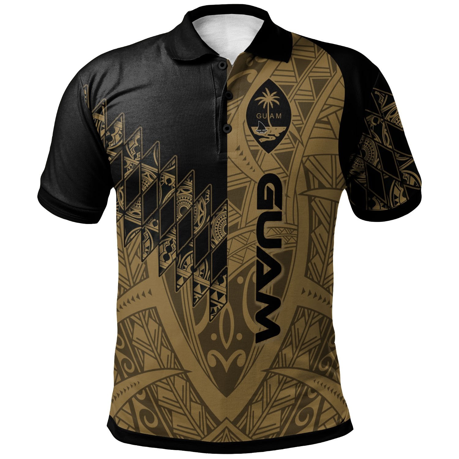 Guam Polo Shirt Gold Color Symmetry Style Unisex Black - Polynesian Pride