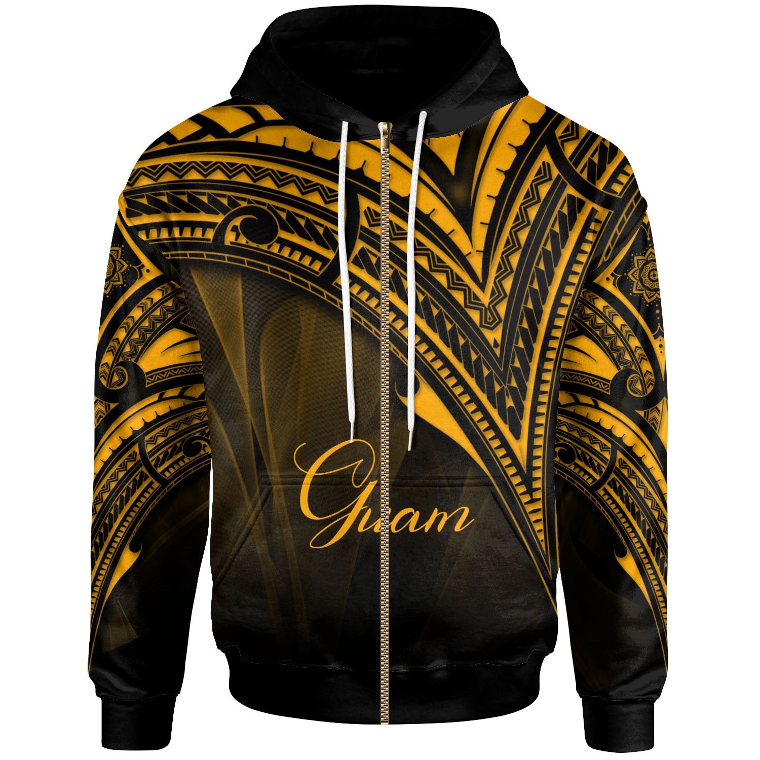 Guam Zip Hoodie Gold Color Cross Style Unisex Black - Polynesian Pride