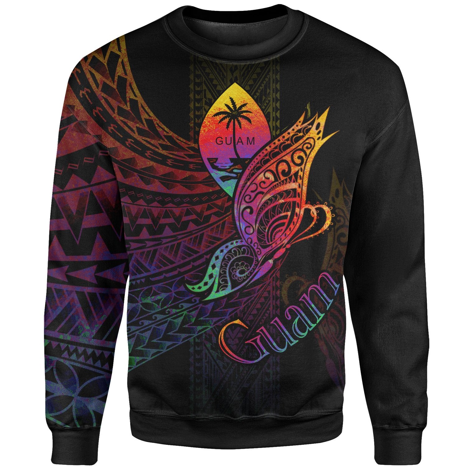 Guam Sweatshirt - Butterfly Polynesian Style Unisex Black - Polynesian Pride