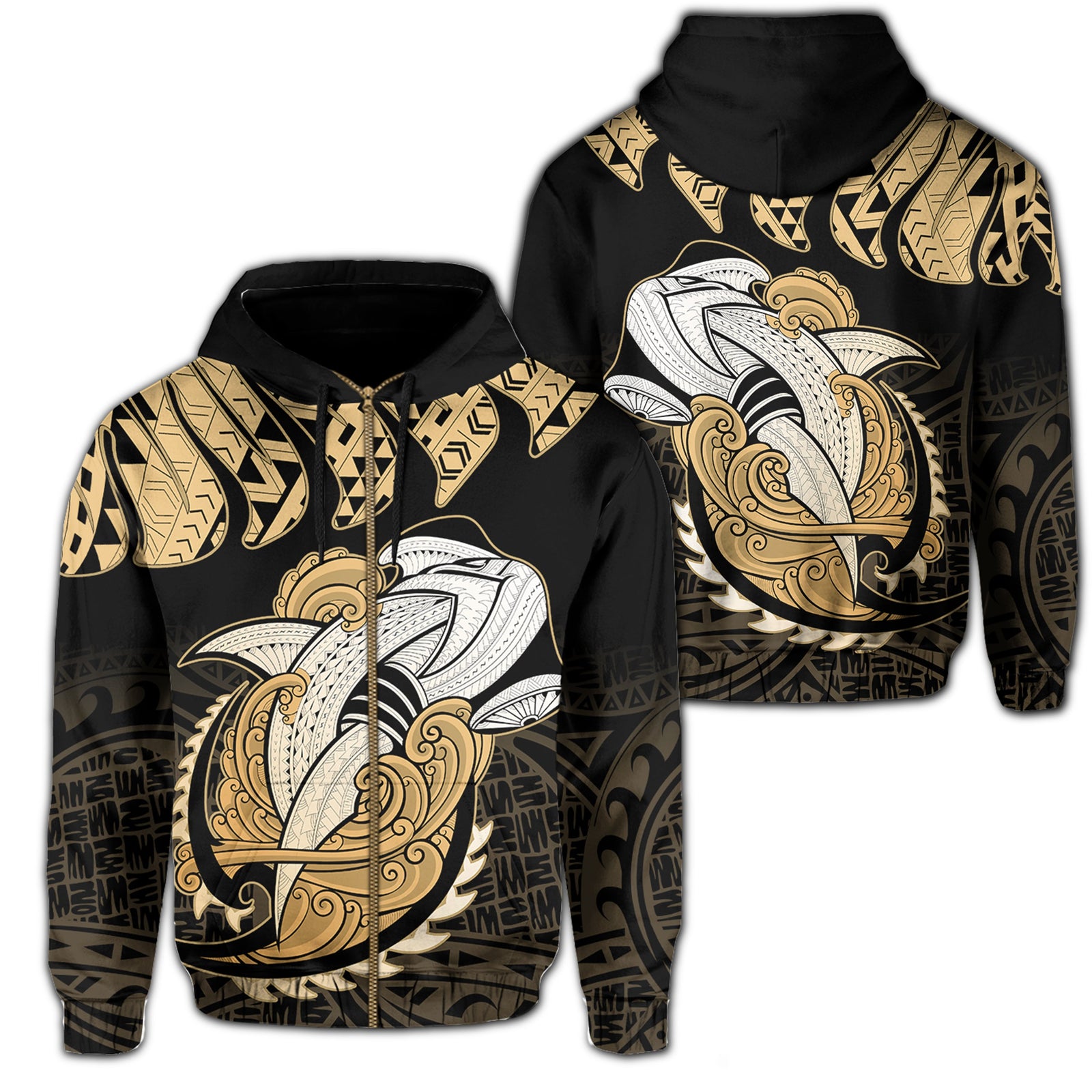 Hawaii Polynesian Aumakua Hammerhead Shark Hoodie Zip Cloud Style Gold Unisex Gold - Polynesian Pride