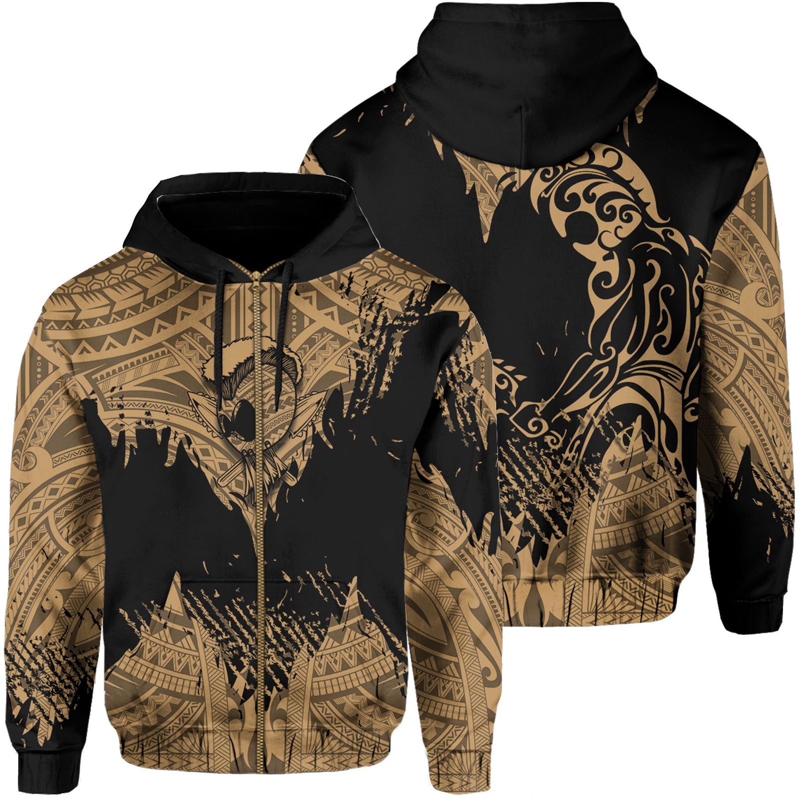 Hawaii Polynesian Hoodie Zip Warrior Ikaika Benjamin Style Gold Unisex Black - Polynesian Pride