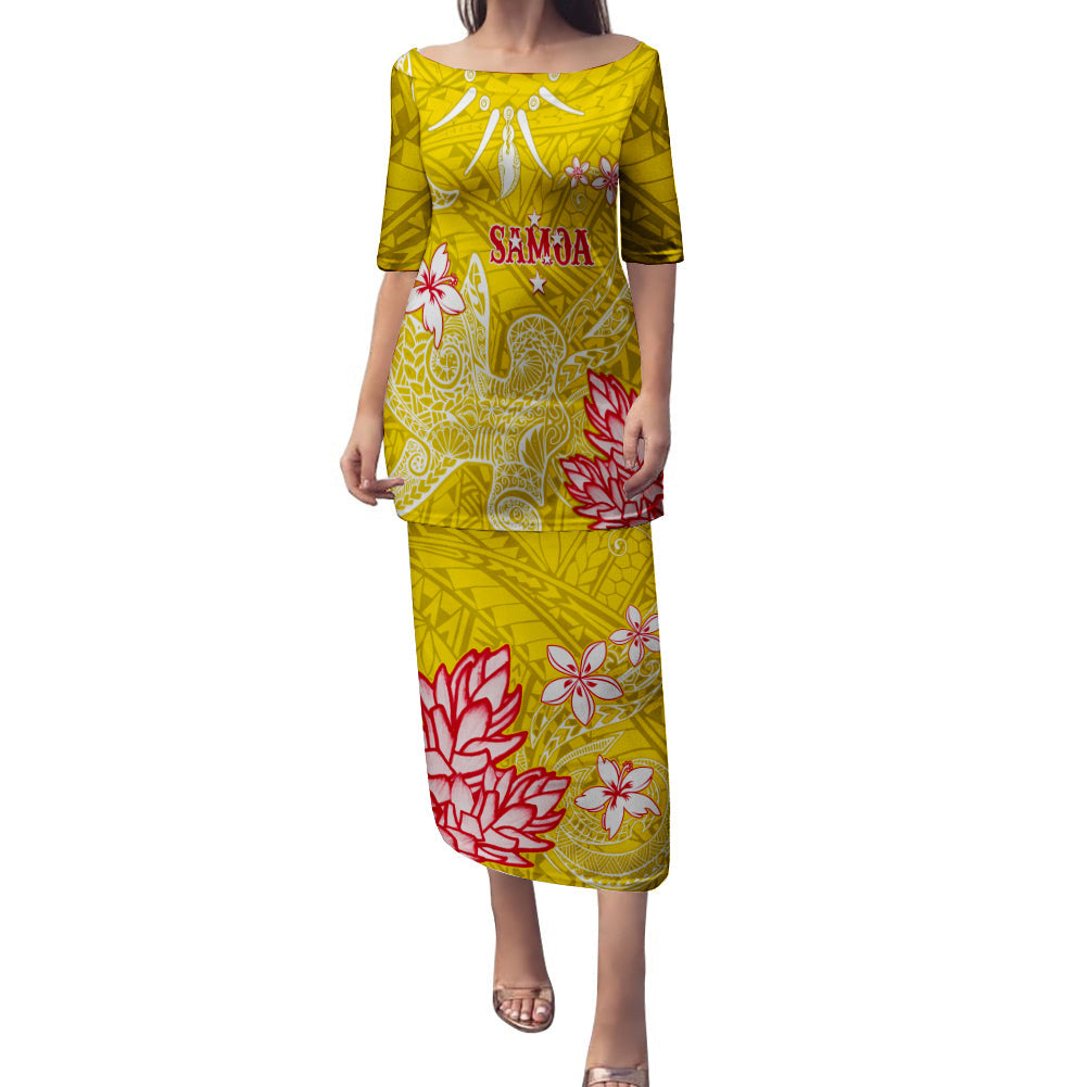 Samoa Puletasi Dress Ula Shark Nifo Mix Teuila Flower - Gold LT7 Women Gold - Polynesian Pride