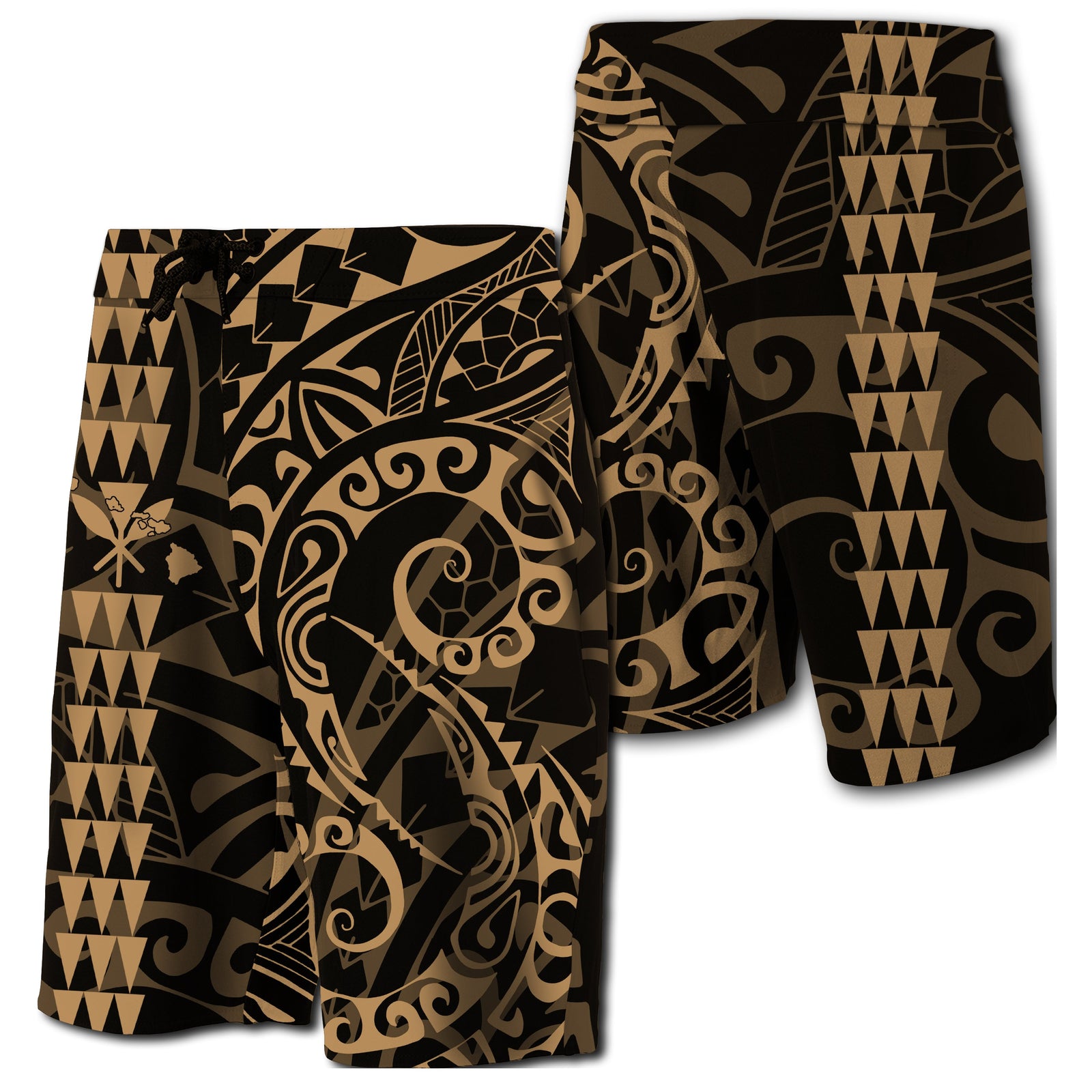 Hawaii Kakau Polynesian Kanaka Board Shorts - Gold - Snapy Style Men Gold - Polynesian Pride