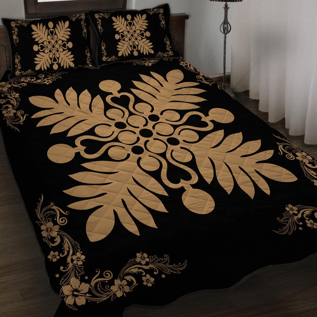 Hawaiian Quilt Maui Plant And Hibiscus Pattern Quilt Bed Set - Gold Black - AH - Polynesian Pride