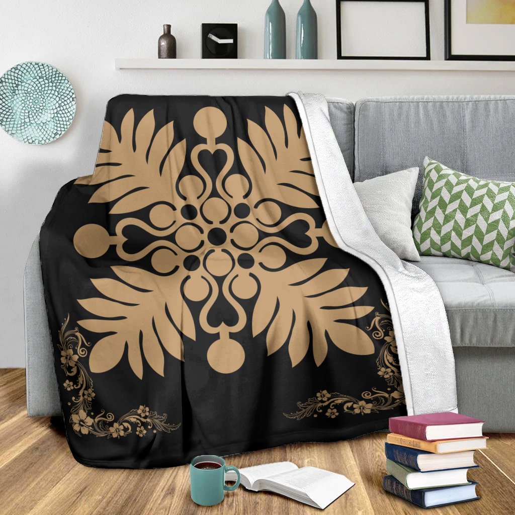 Hawaiian Quilt Maui Plant And Hibiscus Premium Blanket - Gold Black - AH - Polynesian Pride