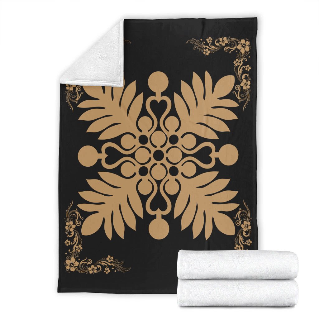 Hawaiian Quilt Maui Plant And Hibiscus Premium Blanket - Gold Black - AH - Polynesian Pride