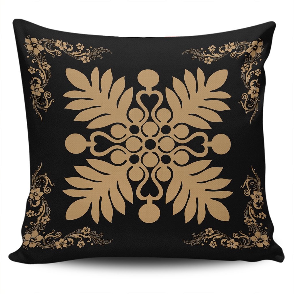 Hawaiian Quilt Maui Plant And Hibiscus Pattern Pillow Covers - Gold Black - AH One Size Gold - Polynesian Pride