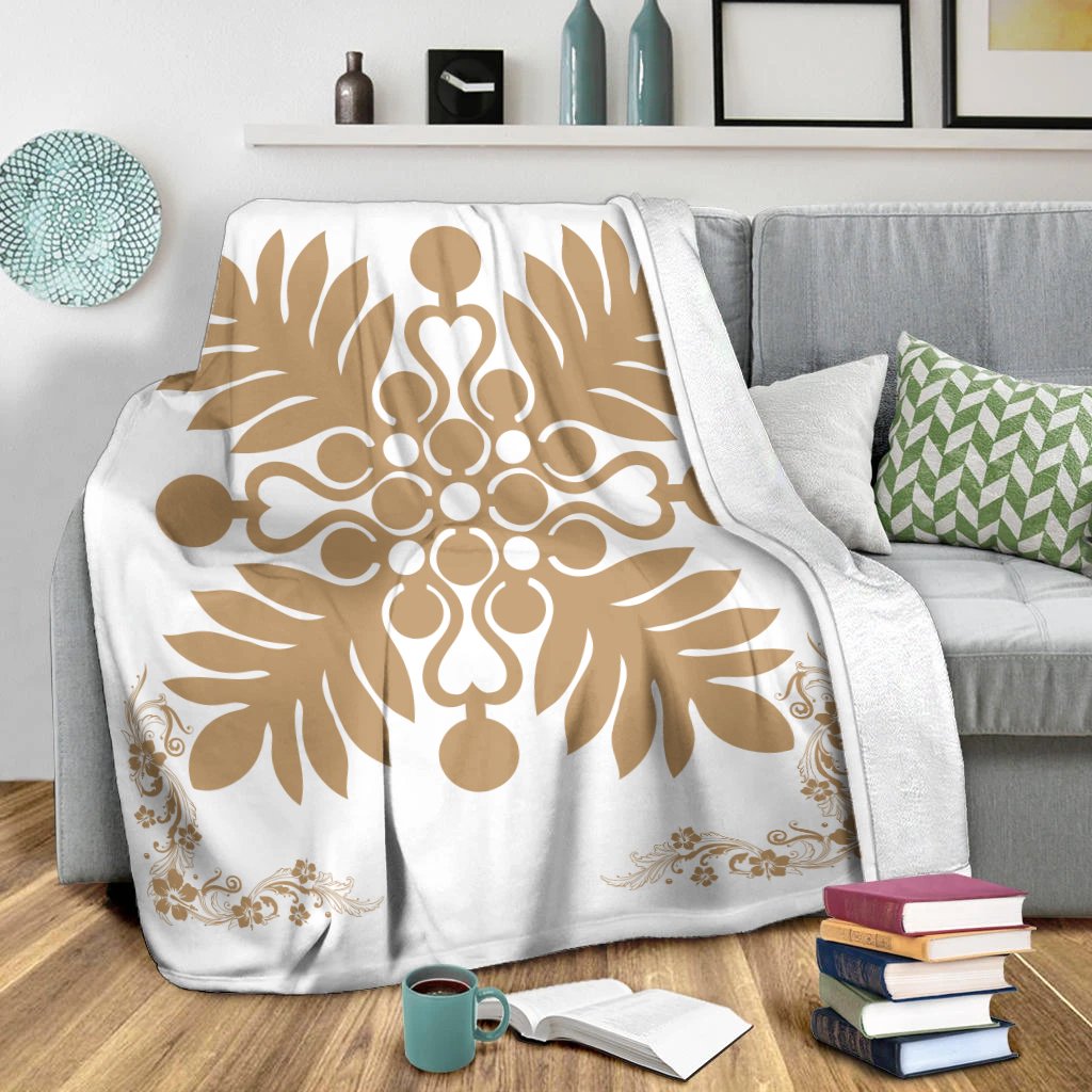 Hawaiian Quilt Maui Plant And Hibiscus Premium Blanket - Gold White - AH - Polynesian Pride