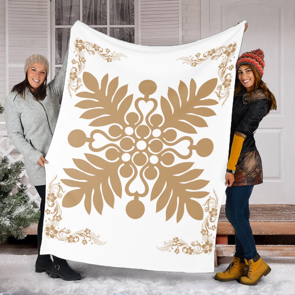 Hawaiian Quilt Maui Plant And Hibiscus Premium Blanket - Gold White - AH - Polynesian Pride
