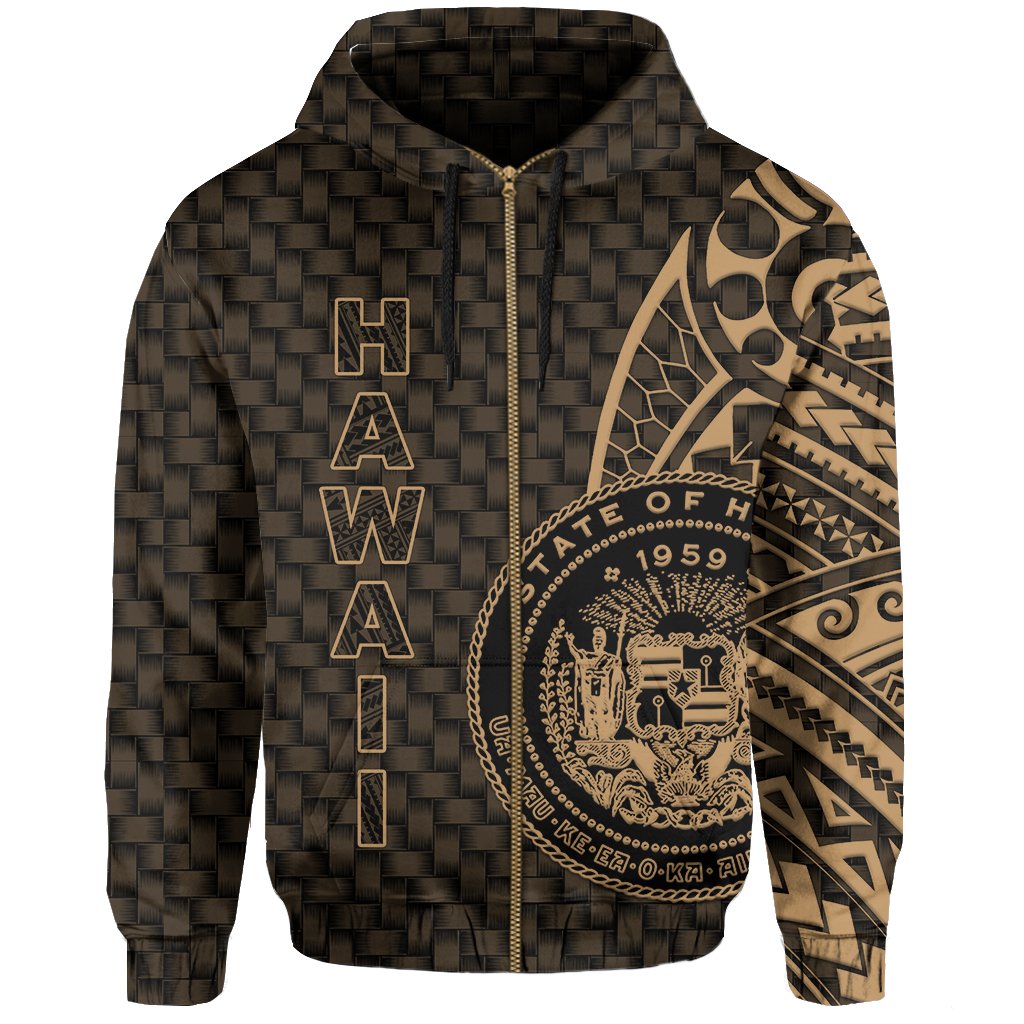 Hawaii Polynesian Zipper Hoodie Gold Emboss Style - Polynesian Pride