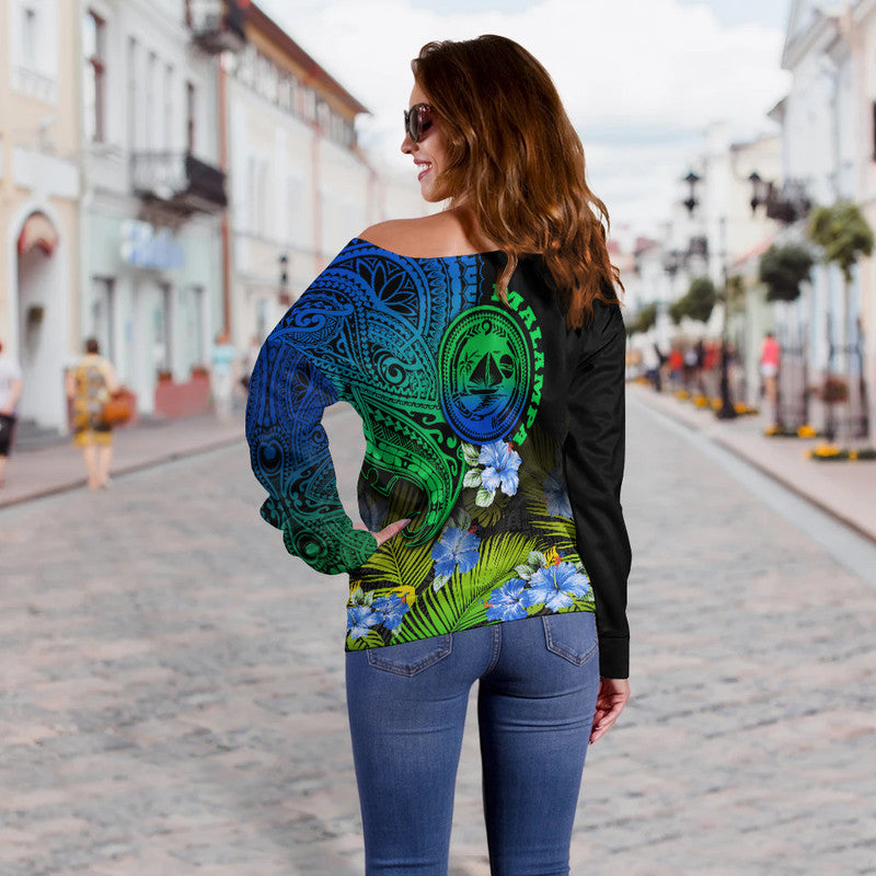 Vanuatu Malampa Province Women Off Shoulder Sweater Hibiscus Tribal Polynesian Tattoo Ver Gradient LT9 - Polynesian Pride