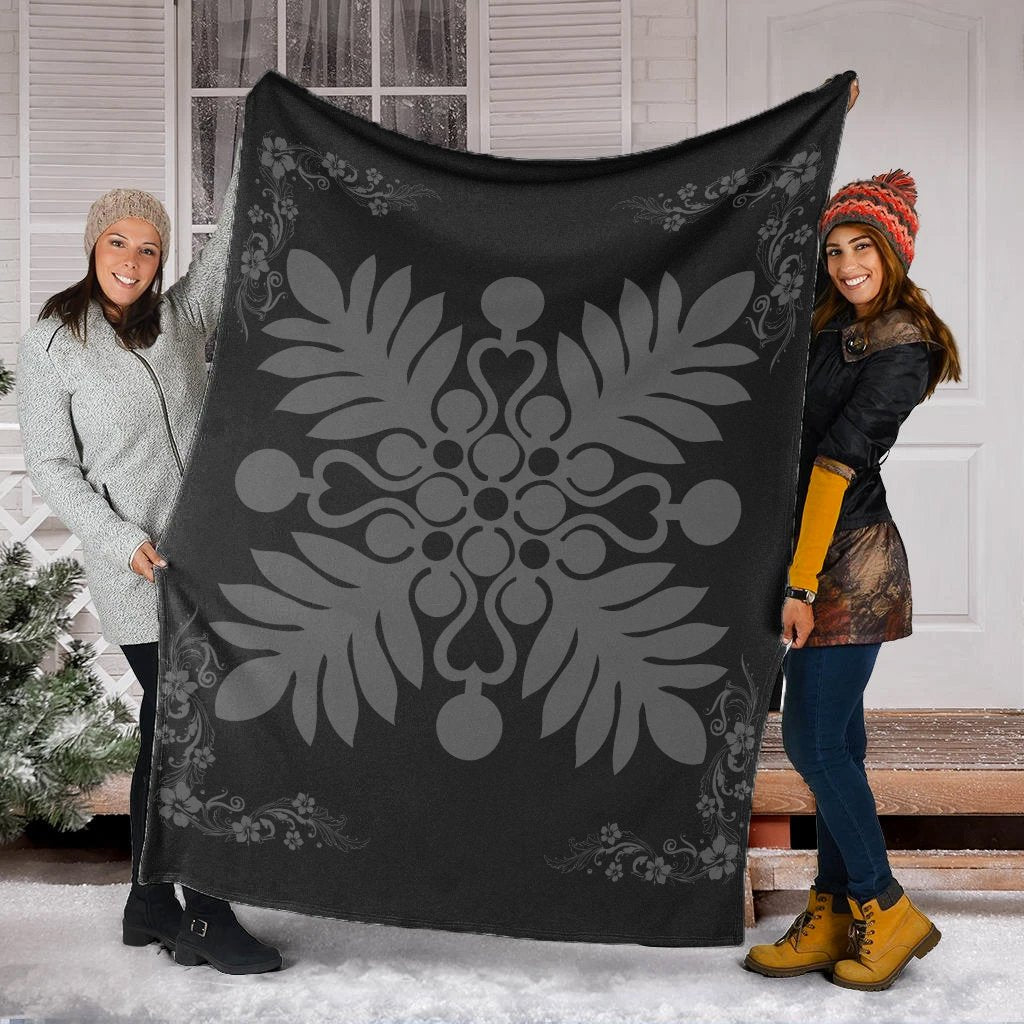 Hawaiian Quilt Maui Plant And Hibiscus Premium Blanket - Gray Black - AH - Polynesian Pride