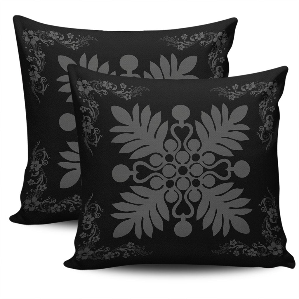 Hawaiian Quilt Maui Plant And Hibiscus Pattern Pillow Covers - Gray Black - AH - Polynesian Pride