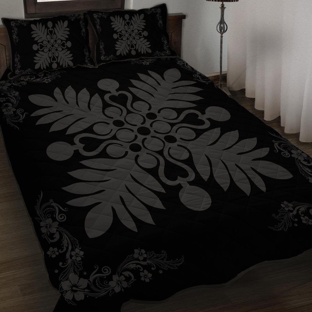 Hawaiian Quilt Maui Plant And Hibiscus Pattern Quilt Bed Set - Gray Black - AH - Polynesian Pride