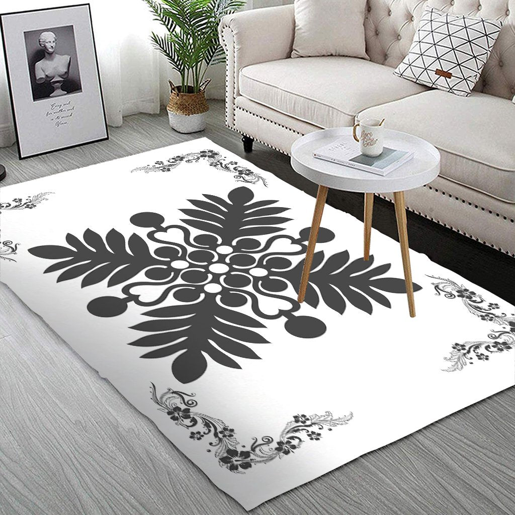 Hawaiian Quilt Maui Plant And Hibiscus Pattern Area Rug - Gray White - AH - Polynesian Pride