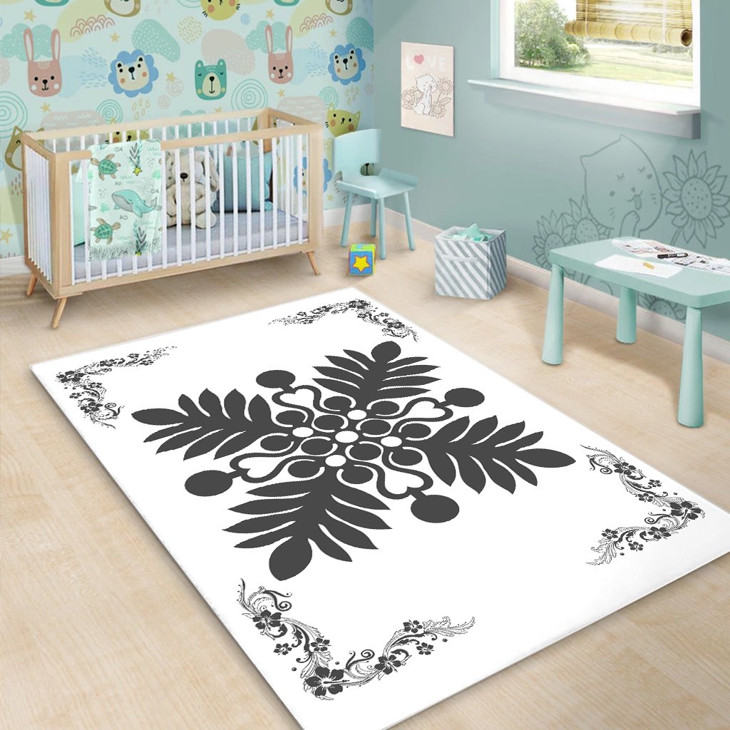 Hawaiian Quilt Maui Plant And Hibiscus Pattern Area Rug - Gray White - AH - Polynesian Pride