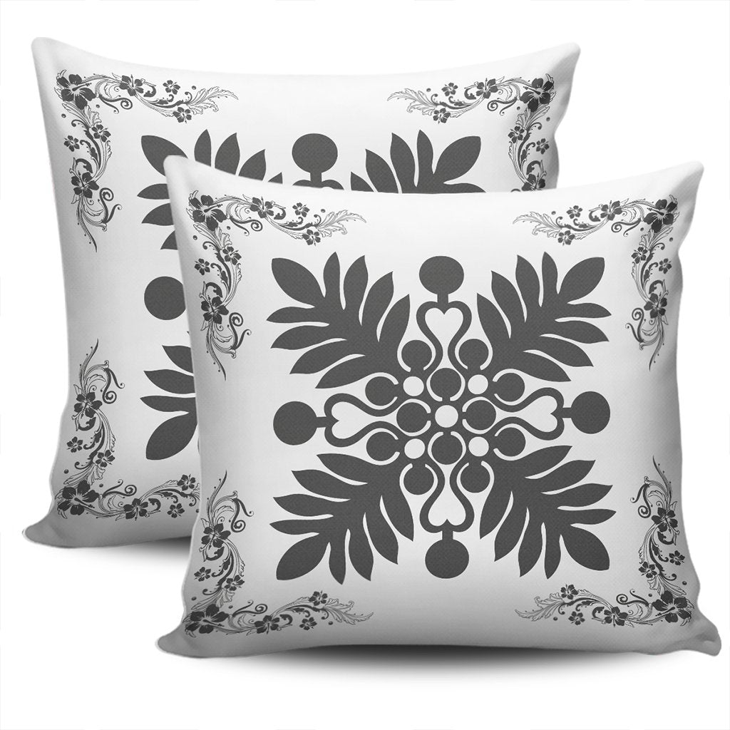 Hawaiian Quilt Maui Plant And Hibiscus Pattern Pillow Covers - Gray White - AH - Polynesian Pride