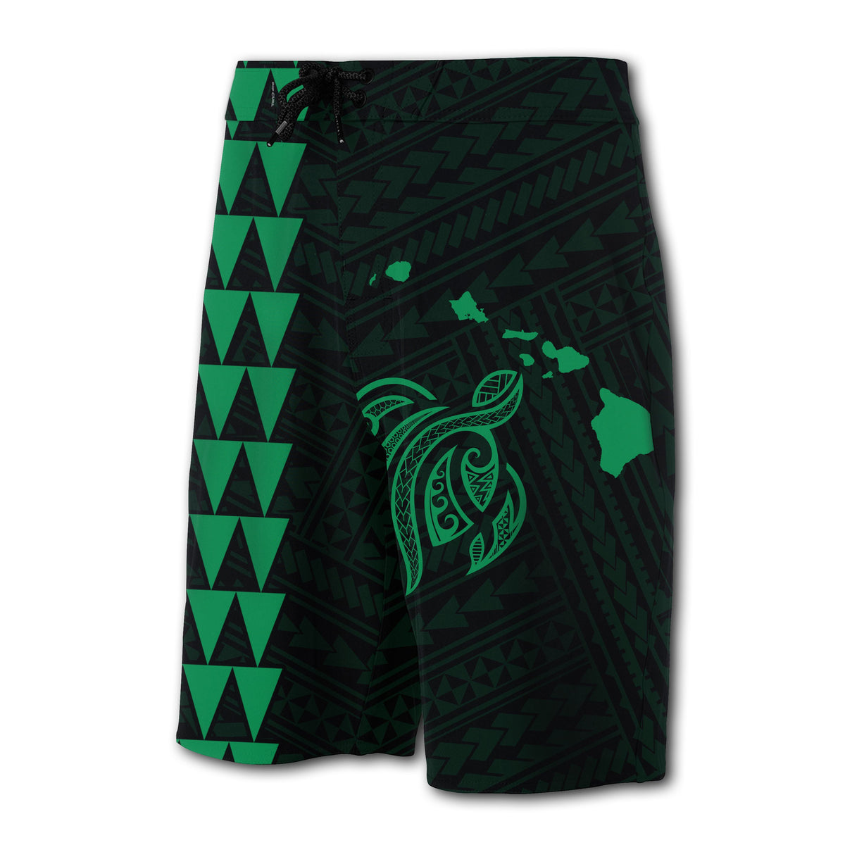 Hawaii Kakau Polynesian Turtle Map Board Shorts - Green - Polynesian Pride