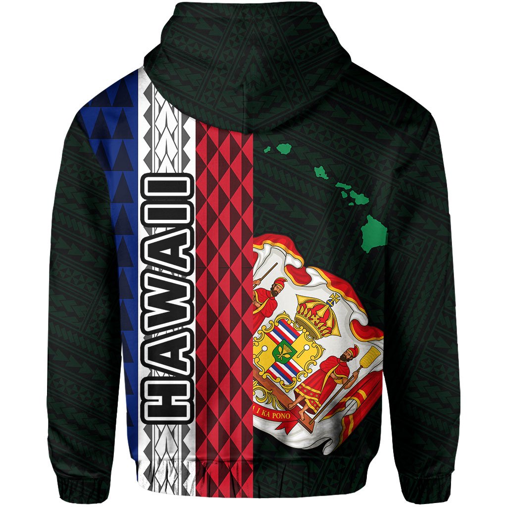 Polynesian Kakau Hawaii Flag Royal Coat of Arms Hawaii Zip Hoodie Green - Polynesian Pride