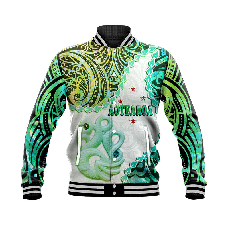 (Custom Personalised) New Zealand Maori Baseball Jacket Aotearoa Manaia Green Paua Shell LT9 Unisex Green - Polynesian Pride