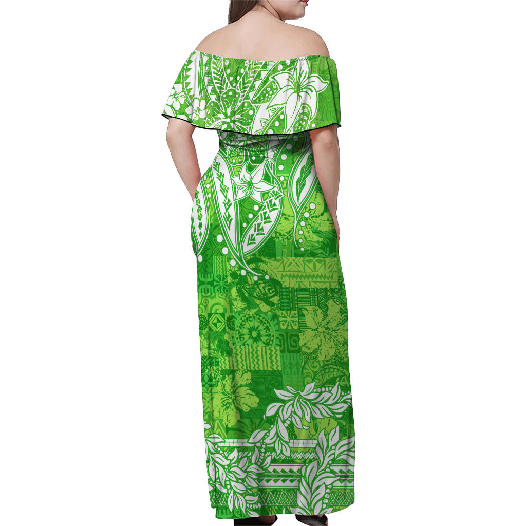 Polynesian Off Shoulder Long Dress Tapa Plumeria Style - Green LT7 - Polynesian Pride