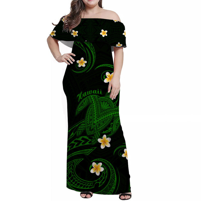 Hawaii Women Off Shoulder Long Dress Hawaiian Turtle Plumeria Mixed Polynesian Green Style LT9 Women Green - Polynesian Pride