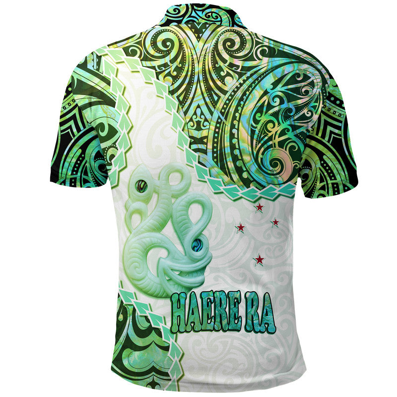 New Zealand Maori Polo Shirt Aotearoa Manaia Green Paua Shell Heare Ra LT9 - Polynesian Pride