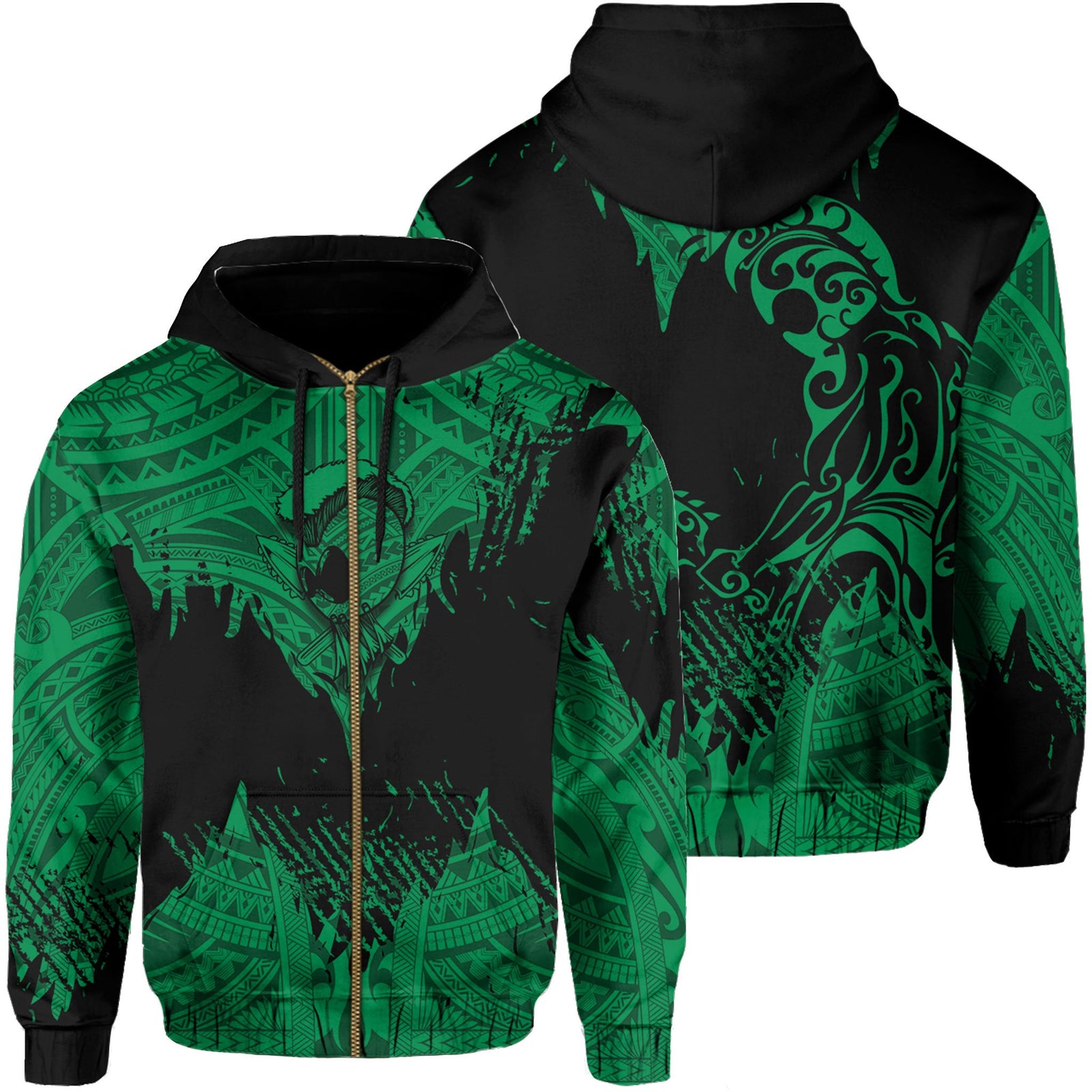 Hawaii Polynesian Hoodie Zip Warrior Ikaika Benjamin Style Green Unisex Black - Polynesian Pride
