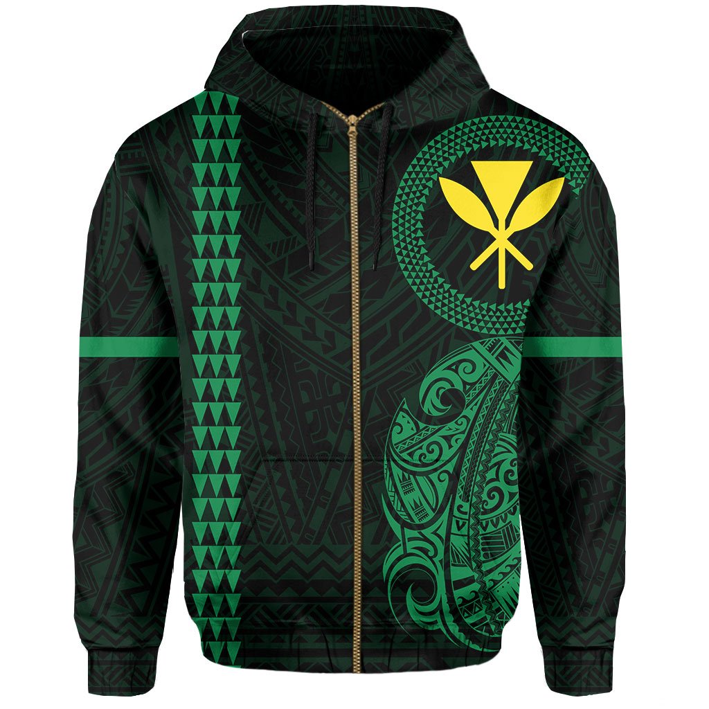 Polynesian Kakau Kanaka Flag of Hawaii Zip Hoodie Green - Polynesian Pride