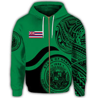 Hawaii Coat of Arms Zip Hoodie Waveshape Style Green - Polynesian Pride