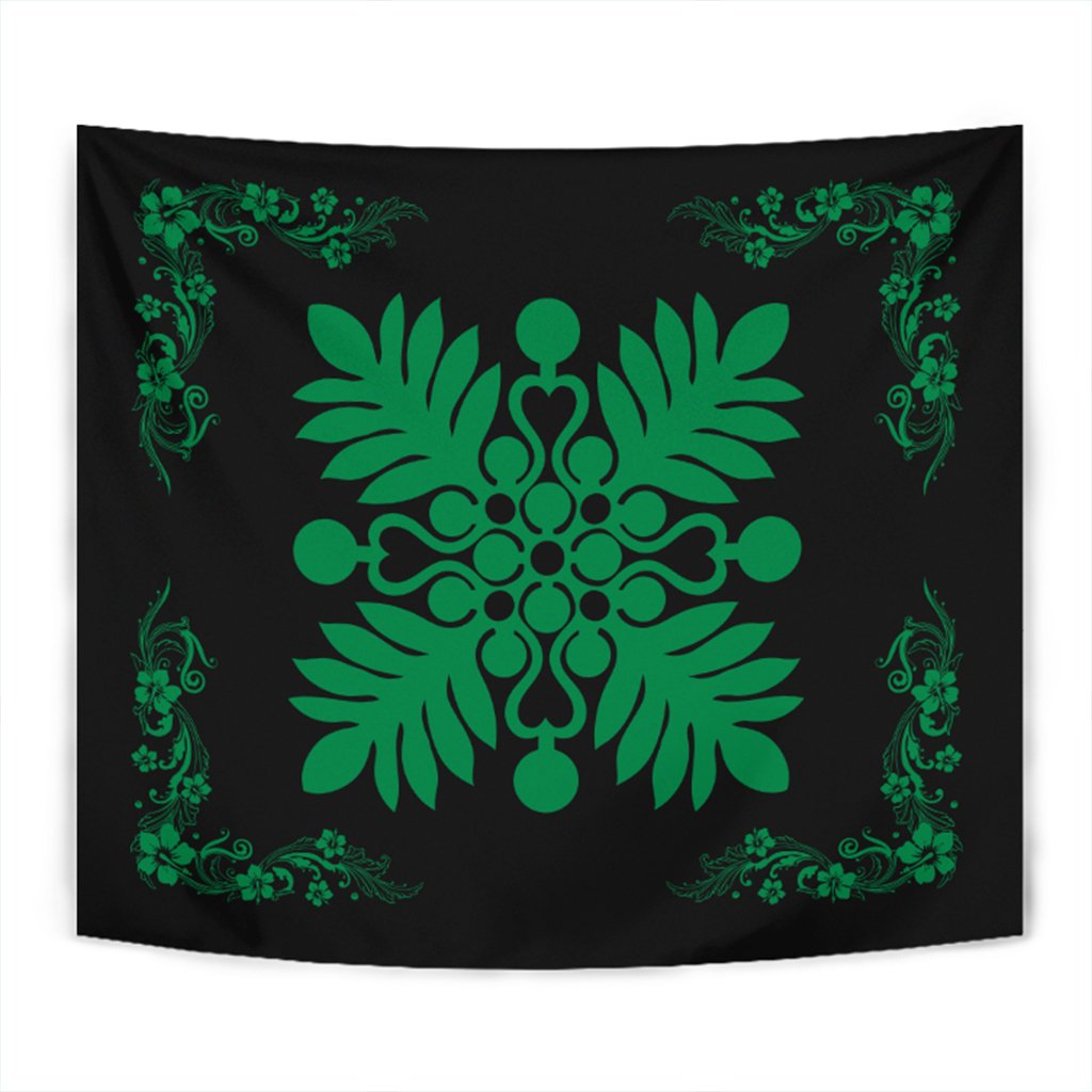 Hawaiian Quilt Maui Plant And Hibiscus Tappestry - Green Black - AH Wall Tapestry Green - Polynesian Pride