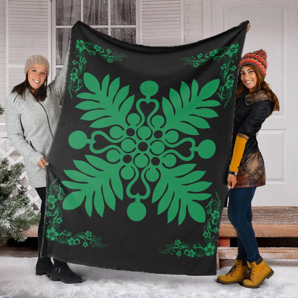 Hawaiian Quilt Maui Plant And Hibiscus Premium Blanket - Green Black - AH - Polynesian Pride